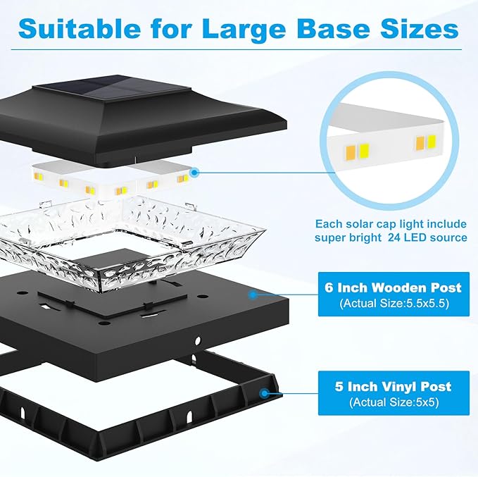 6 Pack Solar Post Cap Light Outdoor Fence Cap Lights 2 Color Modes 24 LEDs for Wooden/Vinyl Post, Waterproof Deck Patio Decoration Fits 5x5, 5.5x5.5 or 6x6 Wooden Posts (3000k/6000k)