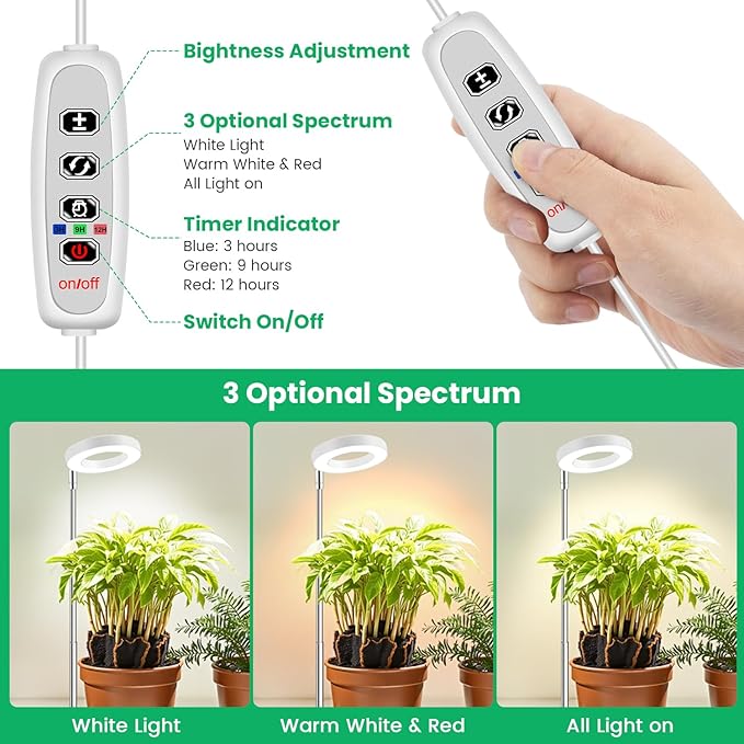 Grow Lights for Indoor Plants,Full Spectrum Plant Lights for Indoor Growing with with 3/9/12H Timer, 3 Color Modes, 10 Brightness, 6.5"-26" Height Adjustable Small Grow Light, 2 Pack(3.4in)