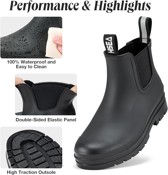 HISEA Women's Short Rain Boots Waterproof Garden Shoes Rubber Chelsea Boots Anti-Slipping Rainboots for Ladies with Comfort Insole Lightweight Stylish Ankle Rain Shoes Outdoor Work Booties