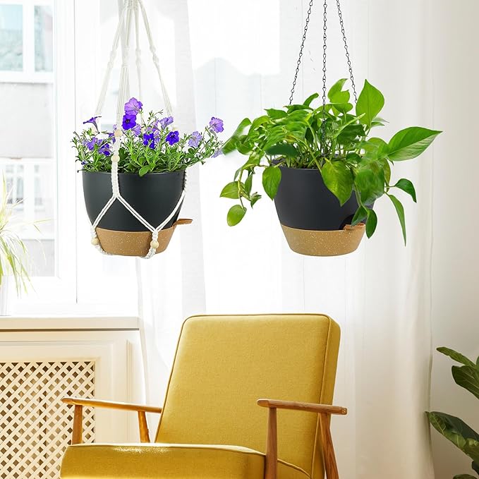 Self Watering Hanging Planters 10 inch, 2 Pack Hanging Flower Pots for Indoor Outdoor Plants, Hanging Baskets with Drainage Holes & 2 Kinds of Plant Hangers for Garden Home Decor, Black Brown