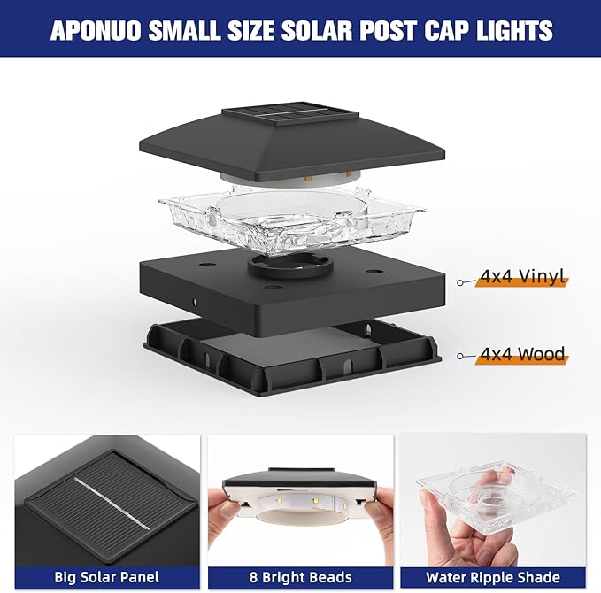 APONUO Solar Post Cap Lights for 4x4 Wood & Vinyl Posts, IP44 Waterproof Cool White LED 4x4 Post Solar Lights, Outdoor Garden Patio Yard Decor, 16 Pack (Black)