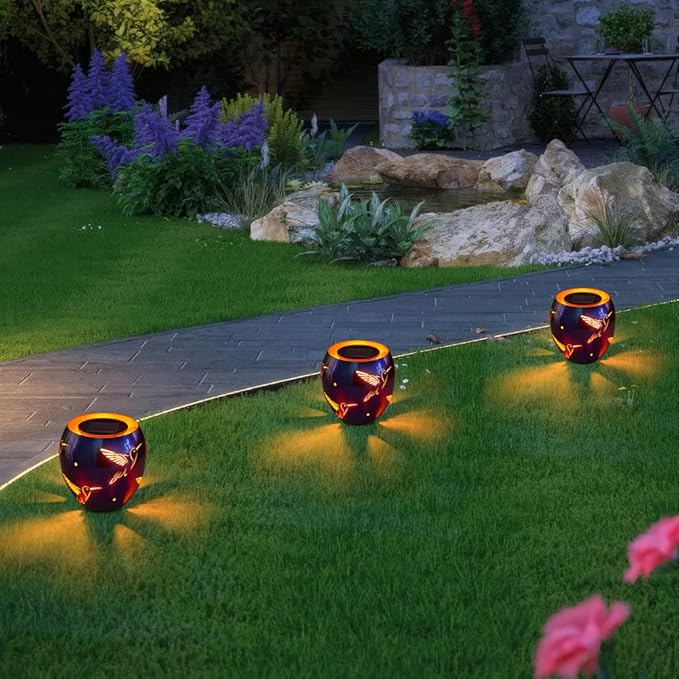 VEWOGARDEN Solar Lanterns Outdoor Waterproof Hummingbird Hollowed-Out Metal Lantern Solar Lights with Flickering Flame for Patio Porch Table, Purple