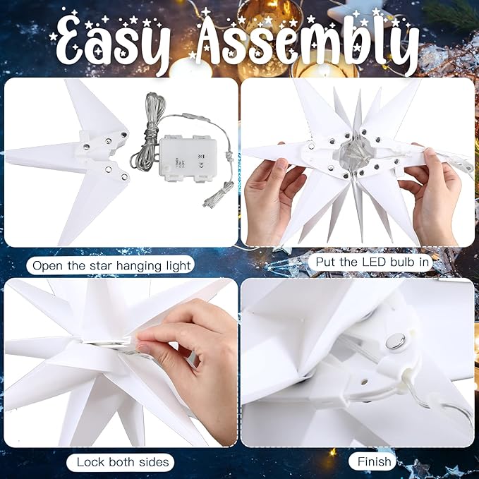 Kingdder 3 Pieces Moravian Star Light LED 3D Star Hanging Light Powered by Battery with Timer Function White Porch Lantern Holiday Decor for Indoor Outdoor Christmas Tree Balcony Courtyard (18 Inch)