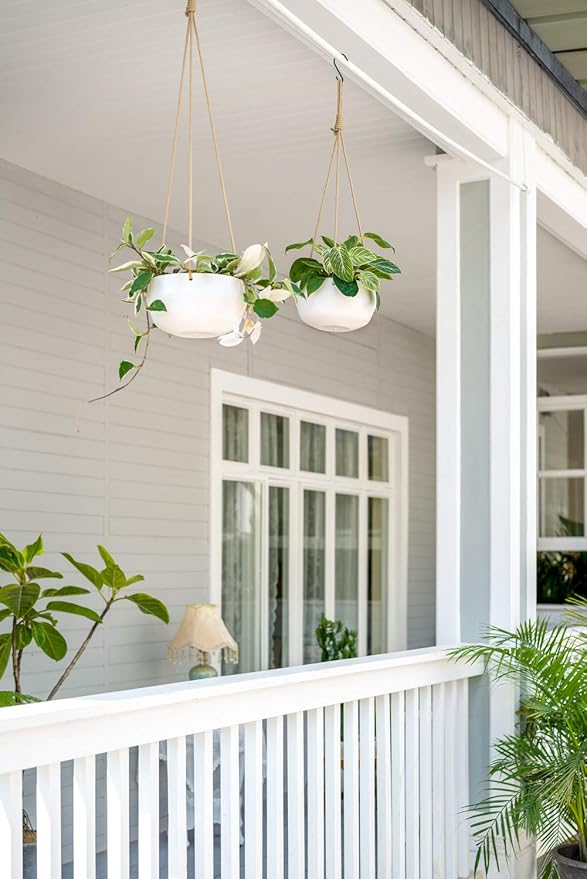 Mkono Ceramic Hanging Planter of Shallow 8 Inch and Deep 6 Inch for Indoor Outdoor Plants, Set of 2 Modern Plant Pot Geometric Porcelain Hanging Basket with Polyester Rope Hanger