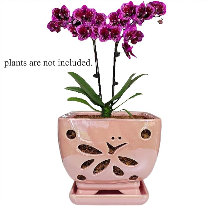 Orchid Pots with Holes Square Ceramic Orchid Planter Pots 5.5 inch (Pink)
