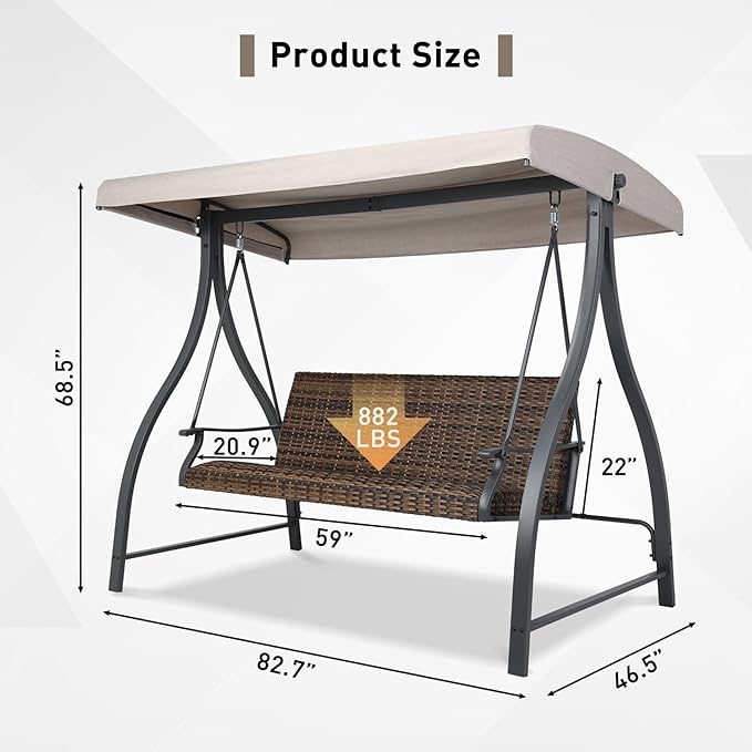 BPS 3 Seat Outdoor Porch Swing with Adjustable Canopy, PE Wicker Patio Swing Chair with Quick-Drying Foam Seat, 882 LBS Capacity, Proch Swings for Deck, Backyard, and Lawn, Khaki