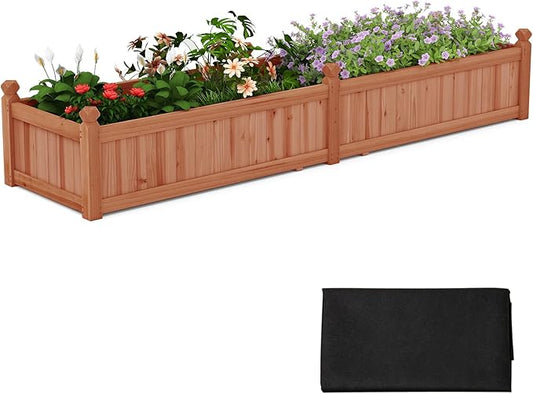 HAPPYGRILL Raised Garden Bed, Wood Elevated Flower Box with 8 Drain Holes, Liner, for Flowers, Vegetables, Herbs, Fruits, Outdoor Planter Box for Backyard, Garden, Lawn, 89" x 23.5" x 16"