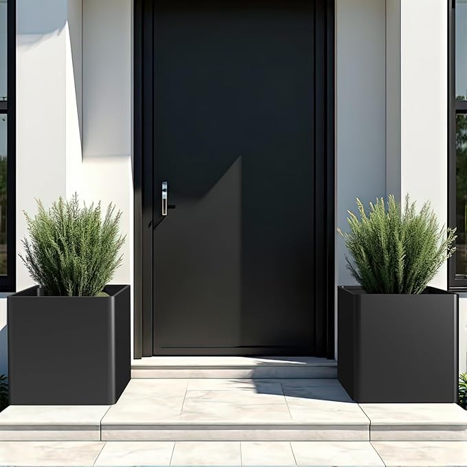 Large Metal Square Planter 24" L x 24" W x 24" H, Heavy Duty Black Large Outdoor Planters with Drainage Hole for Porch/Patio/Garden