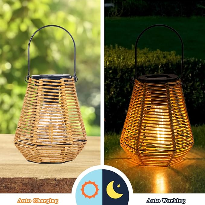 Solar Lanterns Outdoor Waterproof,Solar Lights for Outside Hanging Lights Outdoor Rattan Lantern Decoration for Garden, 2 Pack