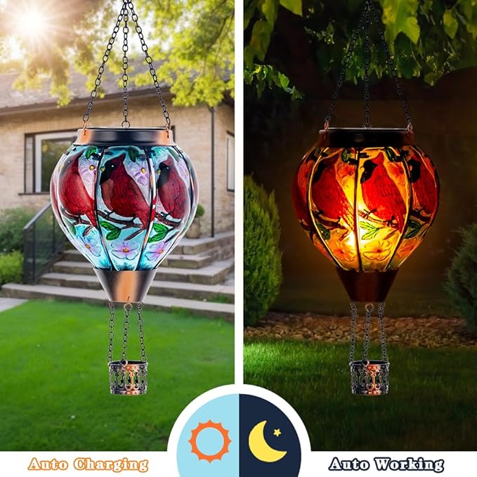 DREAMSOUL Cardinal Hot Air Balloon Solar Lantern, Hanging Solar Lanterns Outdoor with Flickering Flame Light, Glass Outdoor Lantern Waterproof for Patio Yard Party Gift Decor Christmas Gifts