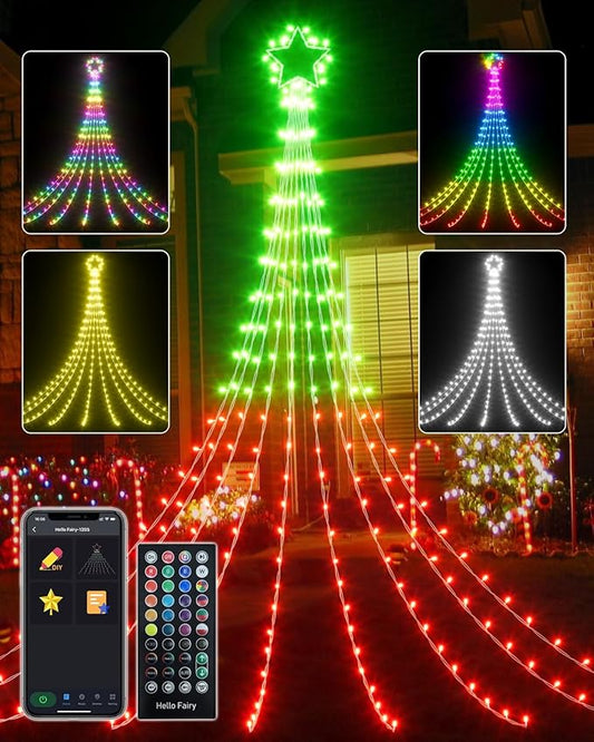 23FT Smart Waterfall Christmas Tree Lights Outdoor Decorations, App Control Color Changing Yard Lights Music Sync Chasing Effect Waterproof Outside 355 LED Star String Lights
