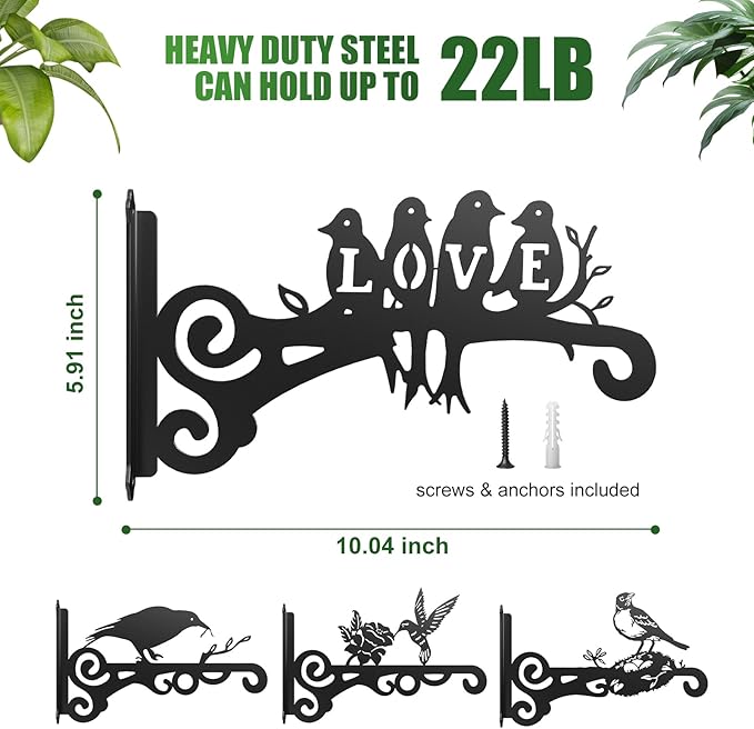 4-Pack Aesthetic Wall Plant Hanger Indoor and Outdoor – 10 Inch Metal Hanging Plant Bracket with Beautiful Bird Pattern – Heavy Duty Plant Hooks for Hanging Plants, Bird Feeder, Wind Chime, Lantern