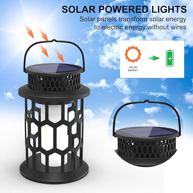 Solar Lights for Outside, Upgraded Solar Lanterns Flickering Flame Outdoor Waterproof Hanging Lanterns Decorative Solar Powered Outdoor Lighting LED Flame Garden Lights for Patio Deck Yard, 2 Packs