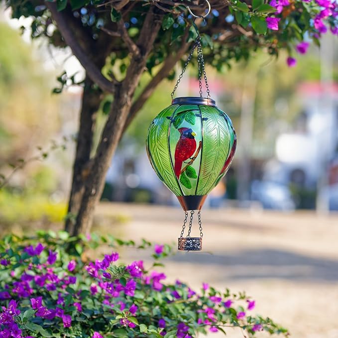 Large Hot Air Balloon Cardinal Solar Lantern Lights with Flame, Green Glass Balloon Lantern Waterproof Outdoor Decor for Garden Yard Patio, Birthday Mother's Day Gifts for Moms Women