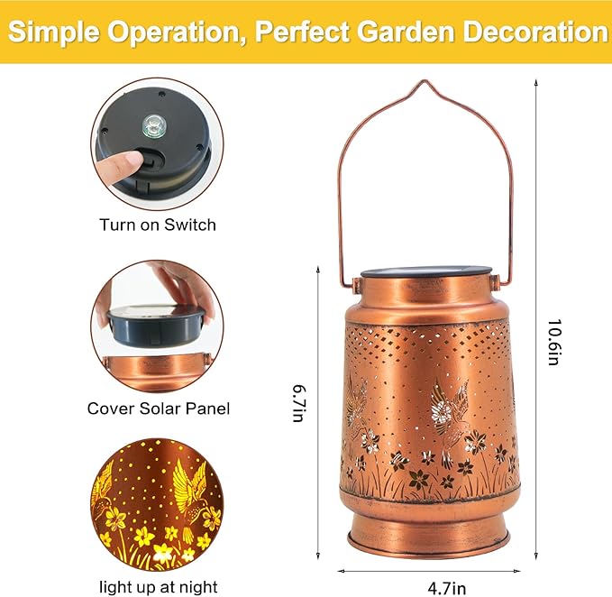 4 Packs Solar Lanterns Outdoor Hanging Lantern Lights, 4 Hummingbirds Hollowed-Out Metal Decor Lantern, Waterproof LED Decorative Garden Light Gifts