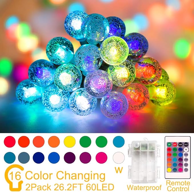 Coloured Globe String Lights Battery Operated，2 Pack 26.2FT 60 LED 16 Colour Changing Water Proof Crystal Ball Outdoor String Lights with Remote Control for Home, Patio,Party, Christmas, Garden Decor