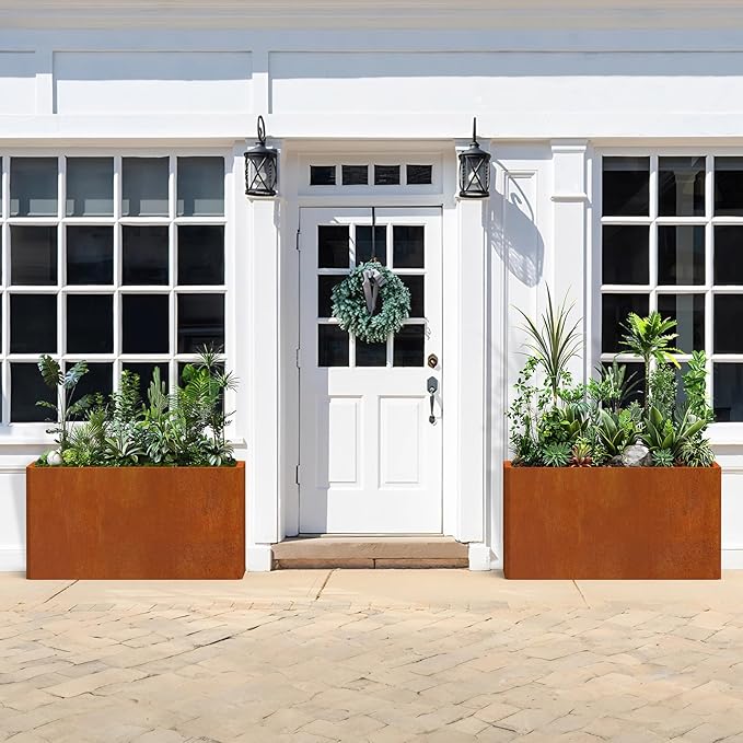 Metal Planter Box - 25x11x13H Inch, Co rten Steel Planter for Patio, Garden, Porch - Brown
