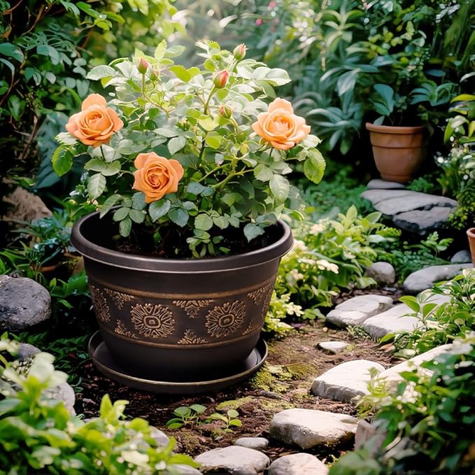 6 Pack 8 inch Plant Pots, Retro Pattern Planters with Drainage Holes and Saucer, Sturdy Plastic Garden Flower Pots for Indoor & Outdoor Plants