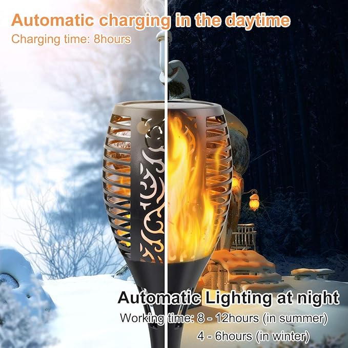 Solar Torch Lights with Flickering Flame, Fire Effect Garden Light, Auto On/Off Dust to Dawn, Outdoor Waterproof Landscape Decoration, Solar Powered Security Torch Light for Patio, 4 Pack