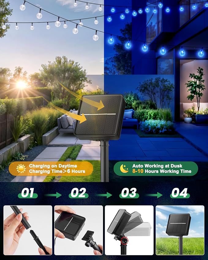 Brightown Solar String Lights Outdoor 60 Led 35.6 Feet Waterproof Solar Powered Patio Lights with 8 Lighting Modes for Garden Yard Porch Wedding Party Decor Halloween (Blue)