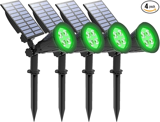 T-SUNUS Green Solar Landscape Lights Christmas 4 Pack, IP65 Waterproof Halloween Garden Pond Light, Auto-on/Off Security Spotlight for St. Patrick's Day Flag Tree Wall Patio Yard Driveway Pool Area