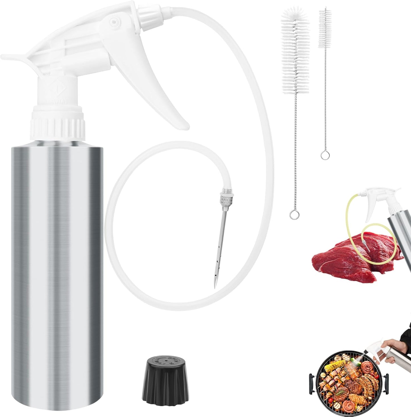 AHIER 2in 1 BBQ Spray Bottle, Turkey Marinade Injector Stainless Steel Grill Spray Bottle & Meat Injector with 2 PCS Cleaning Brush