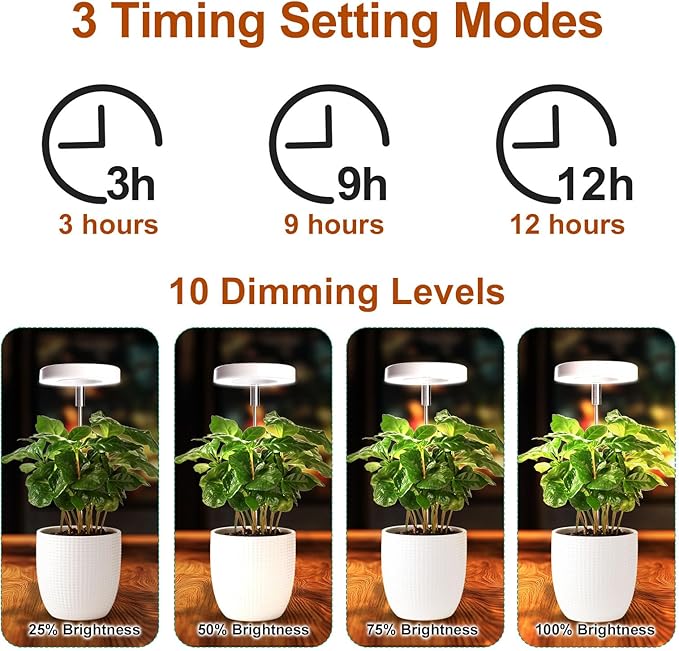 Grow Lights for Indoor Plants Small Potted - Full Spectrum, Auto 3/9/12H Timer, 10-Level Dimming & Adjustable Height - Compact Grow Light for Succulents, Herbs, Foliage in Home/Office (White,3PACKS)