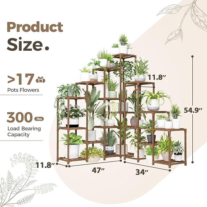 Bamworld Corner Plant Stand Indoor Large Plant Shelf Tall Outdoor Plant Holder Wood for Multiple Plants Hanging Plant Rack for Living Room Garden Balcony