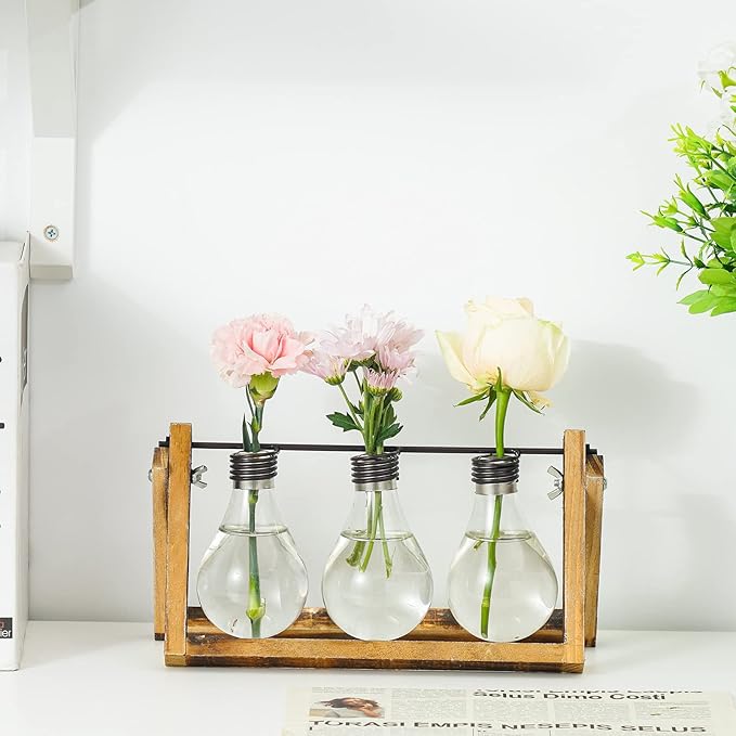 Marbrasse Plant Propagation Stations with Wooden Stand, Desktop Plant Terrarium Holder Bulb Vase, Glass Vase Container with Metal Swivel Holder for Hydroponics of Home Garden Office Decor Lover Gifts