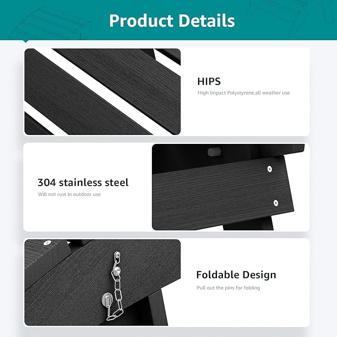 SERWALL Folding Adirondack Ottoman, No-Assembly Outdoor Footrest, All Weather Use Patio Footstool for Adirondack Chair, Black