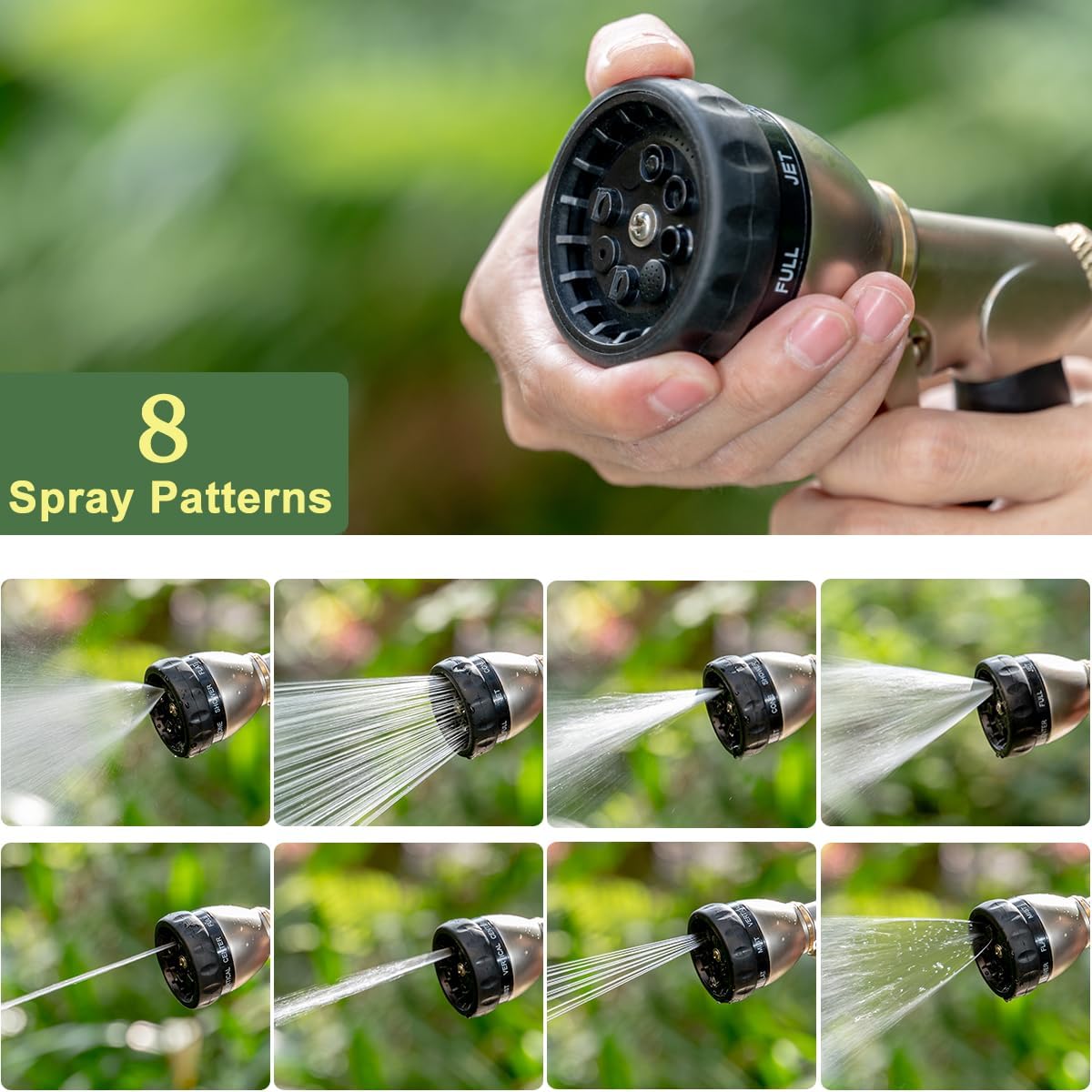 FANHAO Heavy Duty Garden Hose Nozzle, 100% Metal Water Nozzle with 8 Adjustable Spray Patterns, High Pressure Hose Sprayer with Non-Slip Grip for Watering Plants & Lawns, Washing Cars & Pets -Silver