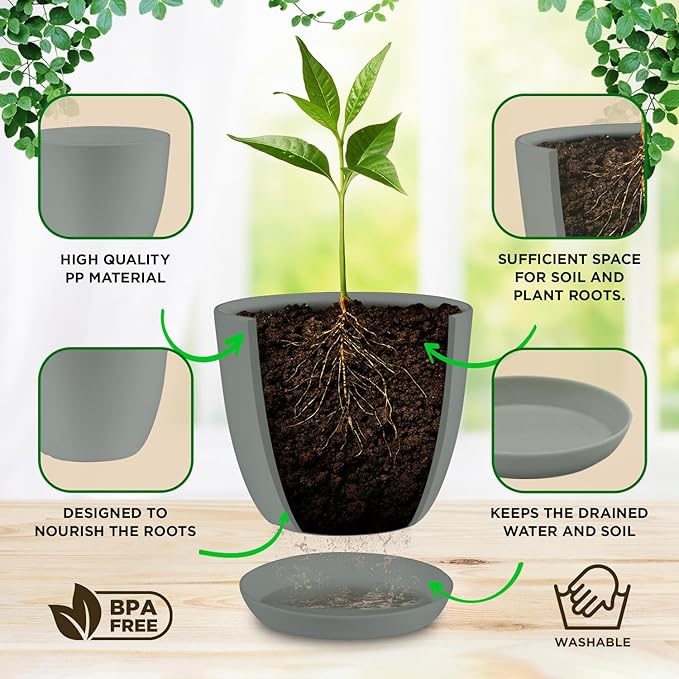 Planter Pots with Drainage Holes - Lightweight, Durable & Space-Saving Pots for Indoor and Outdoor - Versatile Functionality, Simple Modern Design, Set of 5 Plastic Planter Pots - Gray