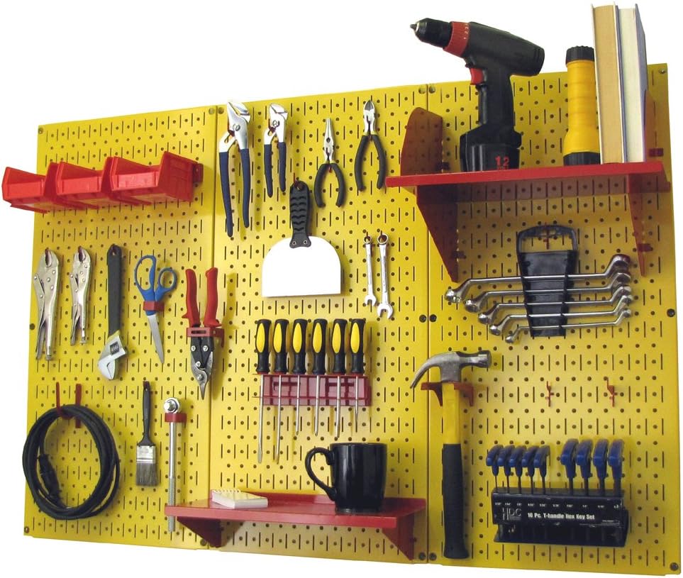 Wall Control Pegboard Organizer 4 ft. Metal Pegboard Standard Tool Storage Kit with Yellow Toolboard and Red Accessories