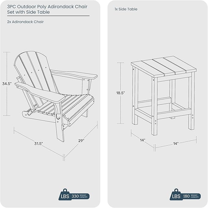 WO Home Furniture Adirondack Chair Table Set of 2 PCS Outdoor Folding Chair w Side Table Weather/UV Resistant for Lawn, Garden, Bon Fire, Balcony (Teak)