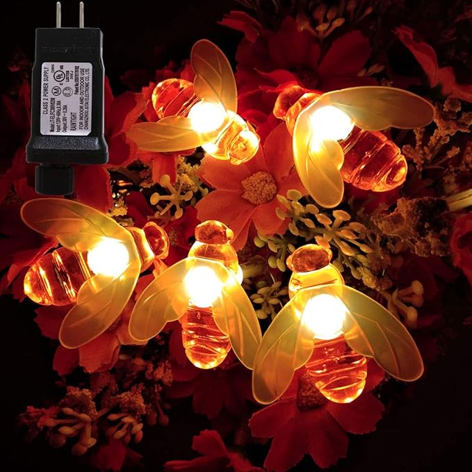 Plug-in Bee String Lights, 33Ft 100 Led Bee Shape Fairy Lights 8 Modes for Garden, Patio, Lawn Decoration (Warm White)