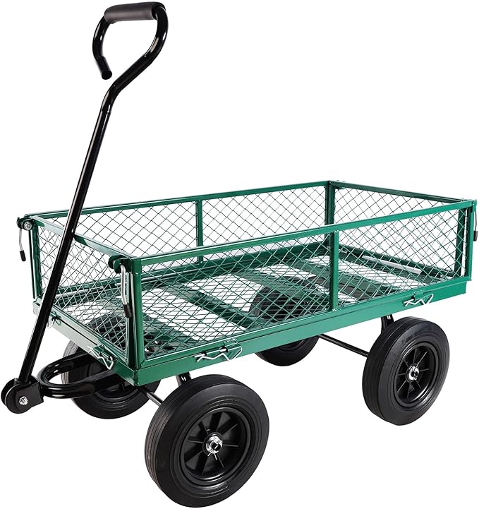 Heavy Duty 480 Lbs Capacity Mesh Steel Garden Cart Folding Utility Wagon with Removable Sides (Green)