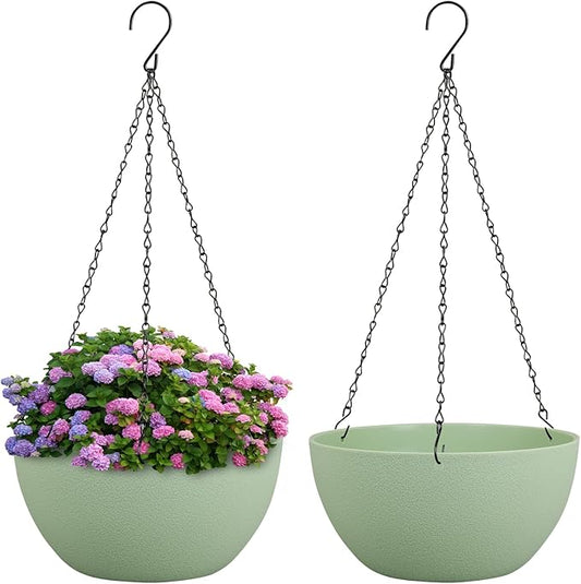 8 inch Small Hanging Planters Plant Pots for Indoor Outdoor Plants, 2 Pack Hanging Flower Pots with Drainage Holes and Chain for Garden Porch, Plastic Hanging Baskets for House Plants, Green