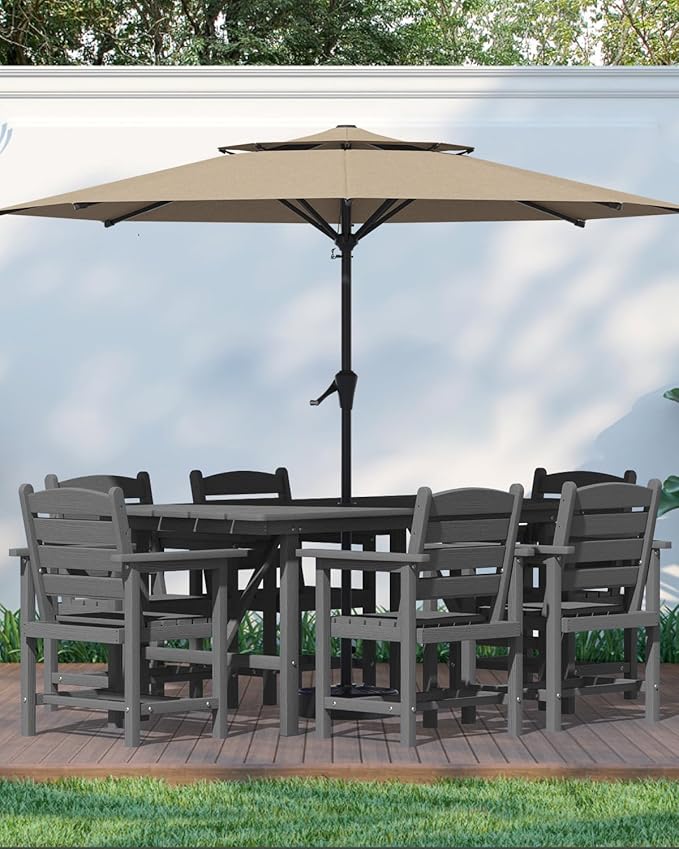 Patio Dining Set for 6 with Umbrella Hole - 66" Outdoor Table & 6 Chairs, All-Weather HDPE Outdoor Furniture for Lawn, Garden, Backyard, Poolside, Gray