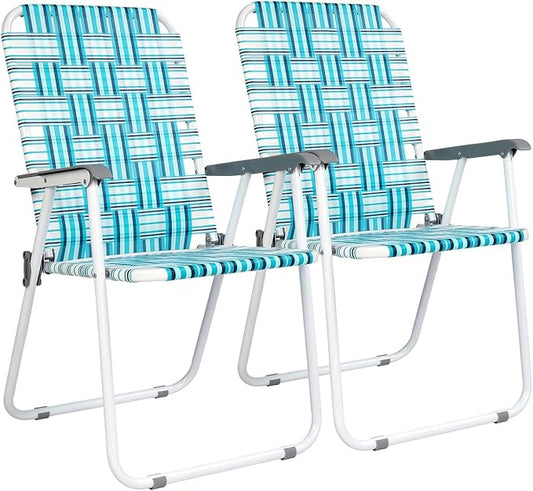 VINGLI Patio Lawn Webbed Folding Chairs Set of 4, Outdoor Beach Chair Portable Dining Chair for Outdoor Yard, Garden (White & Blue, Classic)
