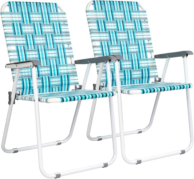 VINGLI Patio Lawn Webbed Folding Chairs Set of 2, Outdoor Beach Chair Portable Dining Chair for Outdoor Yard, Garden (White & Blue, Classic)