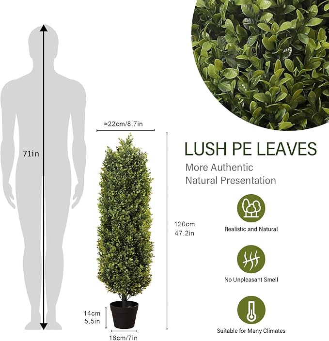 4ft Artificial Boxwood Topiary Trees (Set of 2) - UV Resistant Faux Plants for Outdoor/Indoor, Realistic 48in Fake Bushes and Shrubs for Front Porch, Planter, Patio - Low Maintenance & Evergreen