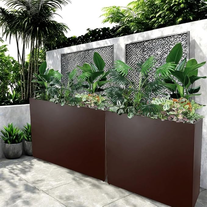 Metal Tall Long Planter Box Large Rectangular Planter Flower Pot with Drainage Holes for Indoor Outdoor Deck Porch Garden Home Patio Front Door (Espresso, S)