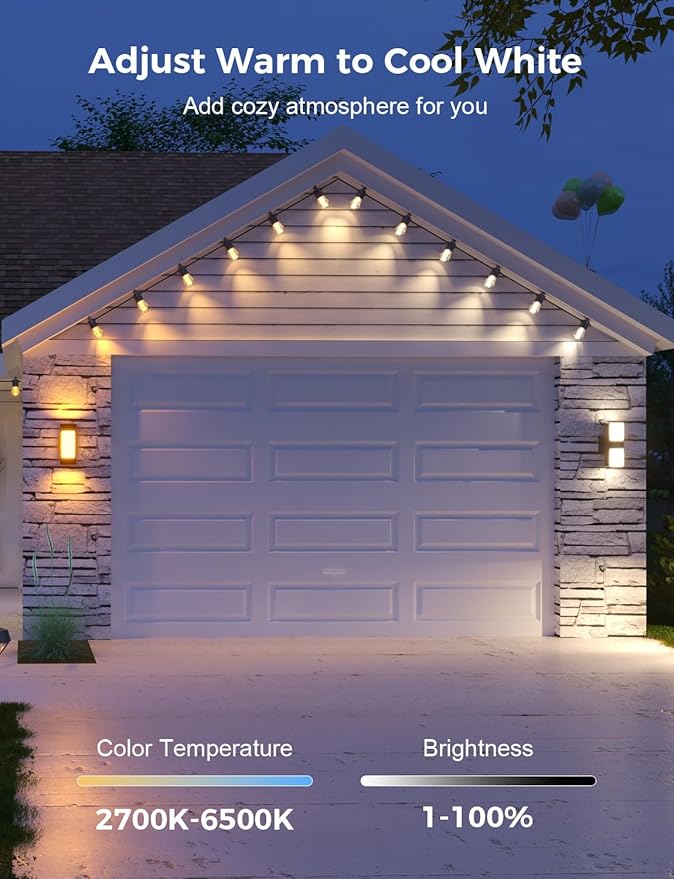 XMCOSY+ 48FT Smart Outdoor String Lights - RGBCWIC Dimmable Acrylic Bulbs, Color Changing LED Patio Lights APP WiFi Control, Compatible with Alexa, IP65 Waterproof Outside Lights for Yard Porch