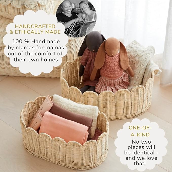 BEBE BASK Premium Scalloped Basket Set Of 2 - Scallop Basket - 16 x 10 x 7 Inch - Hand-Woven Elegant Wicker With Scalloped Edge - Nursery Storage (Natural)