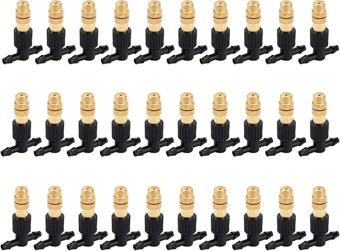 ACBungji 30pcs Brass Misting Nozzles Three-way Connector Drip Irrigation Nozzle 4/7 Inches Adjustable Atomizing Nozzle Cooling Misting System for Outdoor Plant Garden Patio Greenhouse