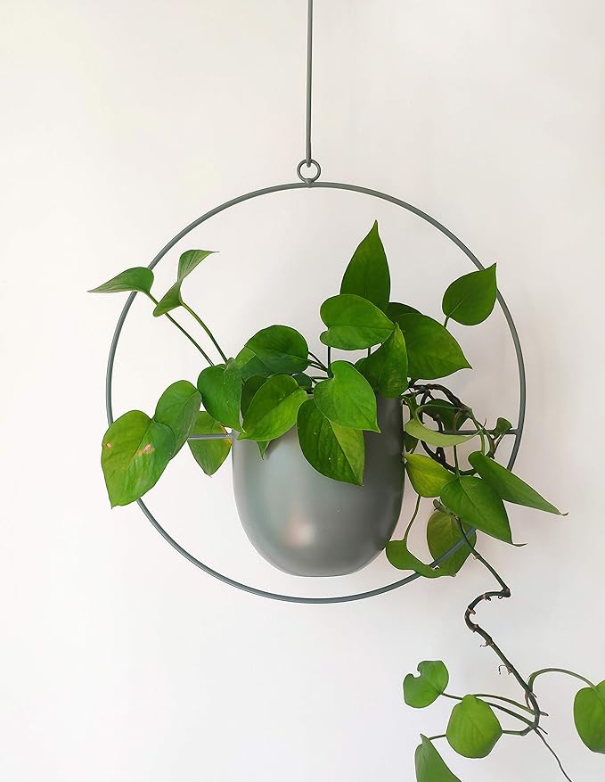 Boho Green Metal Plant Hanger,Metal Wall and Ceiling Hanging Planter, Modern Planter, Mid Century Flower Pot Plant Holder, Minimalist Planter for Indoor Outdoor Home Decor