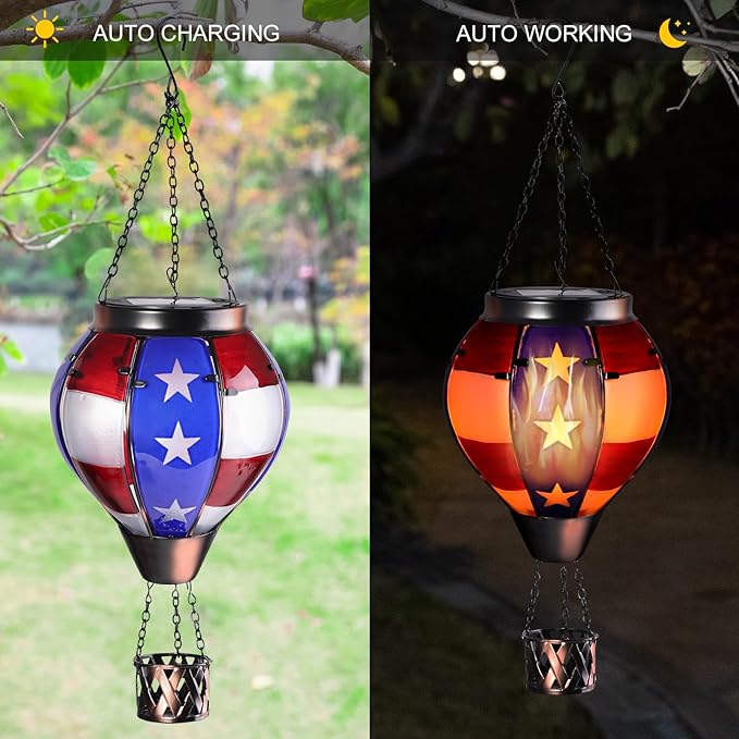 pearlstar Hot Air Balloon Solar Lantern with Flickering Flame Light Outdoor Solar Hanging Lights Waterproof for Garden Yard Farmhouse Patio Pathway Outside Independence Day Decoration,Glass, Star