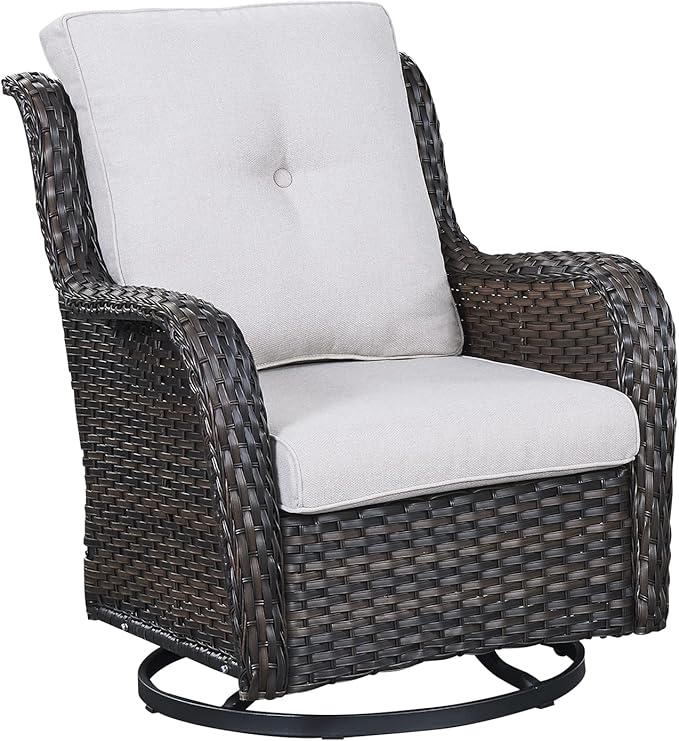 Outdoor Patio Swivel Rocker Chairs - Single Wicker Rattan Patio Swivel Rocking Chair with High Back,Deep Seating and Comfort Cushions for Deck Porch Garden,Brown/Beige