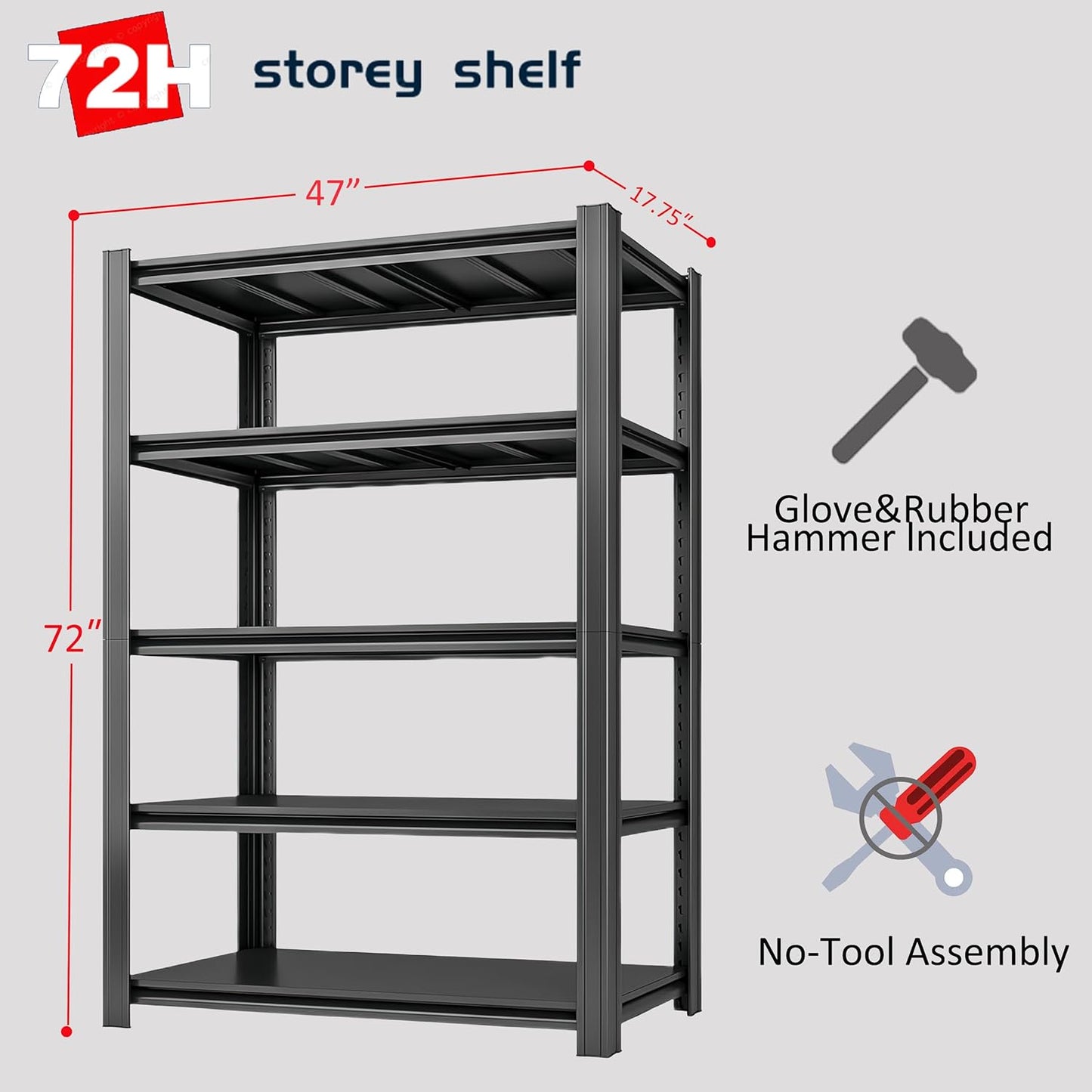 5-Tier 47" W x 17.75" D x 72" H Garage Shelving 3000LBS Storage Shelves Heavy Duty Metal Shelf Unit Adjustable Basement Industrial Storage Racks