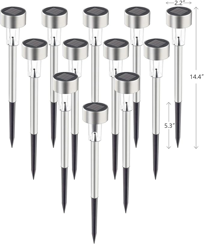 GIGALUMI Solar Pathway Lights 12 Pack, Stainless Steel IP44 Waterproof Auto On/Off Outdoor LED Solar Landscape Lights for Garden, Yard, Patio, Path and Walkway. (Warm White)